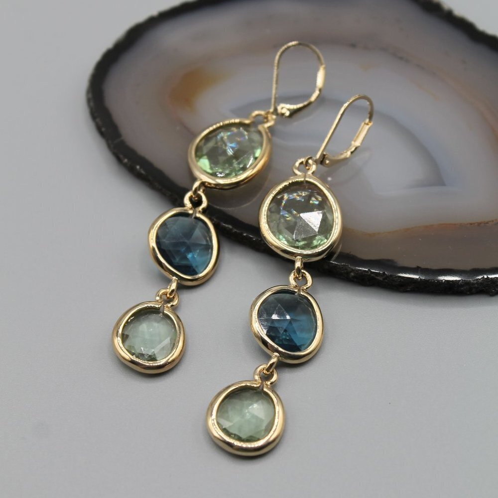 Jewelry earrings long dangle yellow gold blue stones elegant beautiful new - Picture 2 of 12